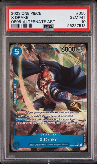 Trading card featuring X. Drake from One Piece with PSA grading information.
